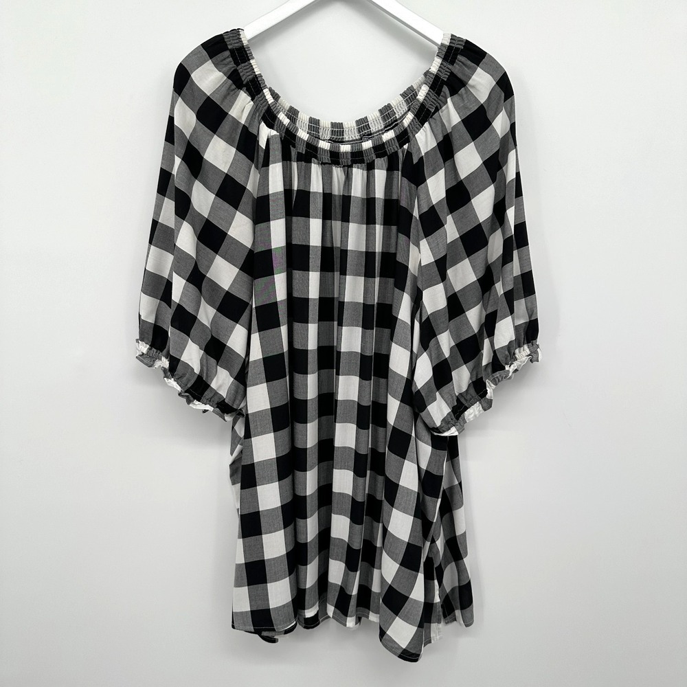 Lane Bryant Tunic Top Shirt Plus Size 34 36 Black White Check 3/4 Sleeves Flowy